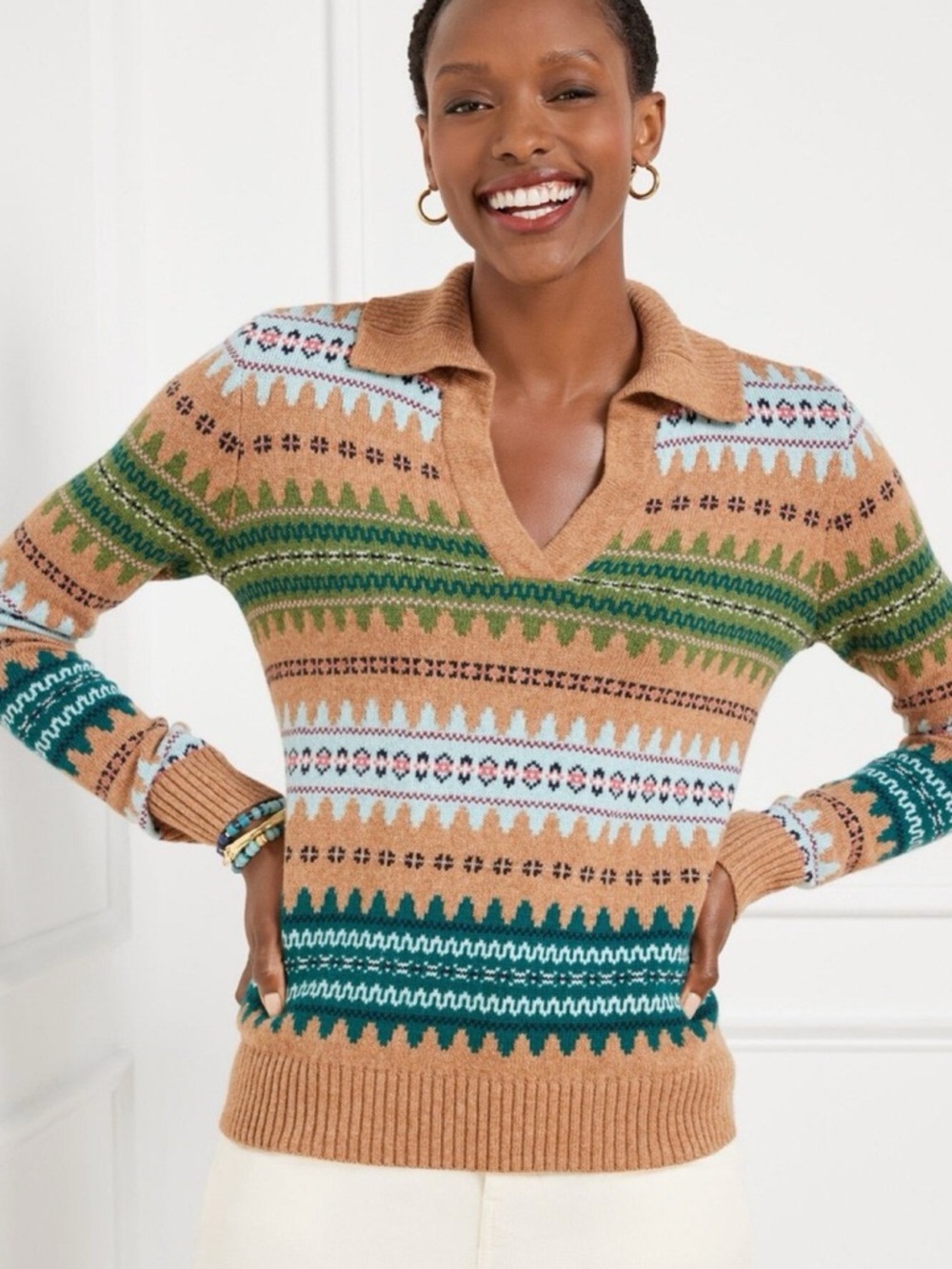 Talbots Women Fair Isle Wool V-Neck Sweater Sz Medium